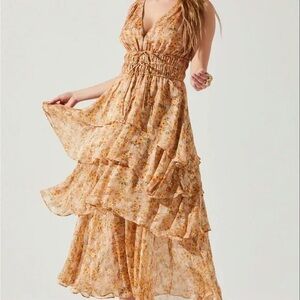 Astr Gold Tiered Ruffled Halter Maxi Dress